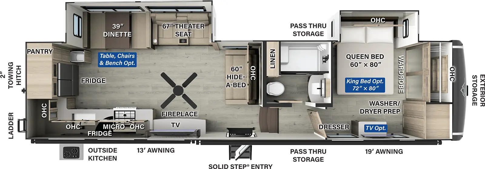 The Flagstaff Classic Fifth Wheels F376RK has one entry and two slide outs. Exterior features include: fiberglass exterior, 13' & 19' awning and outside kitchen. Interiors features include: rear kitchen and front bedroom.